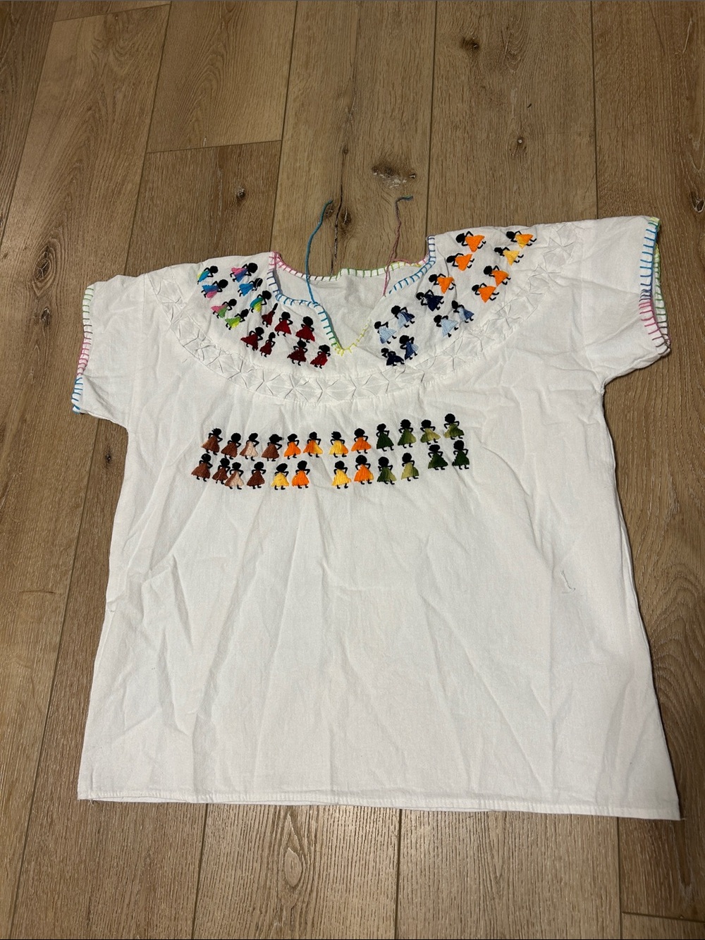 Mexican Hand-Embroidered Cotton Top with Multicolor Figures, Size S/M.